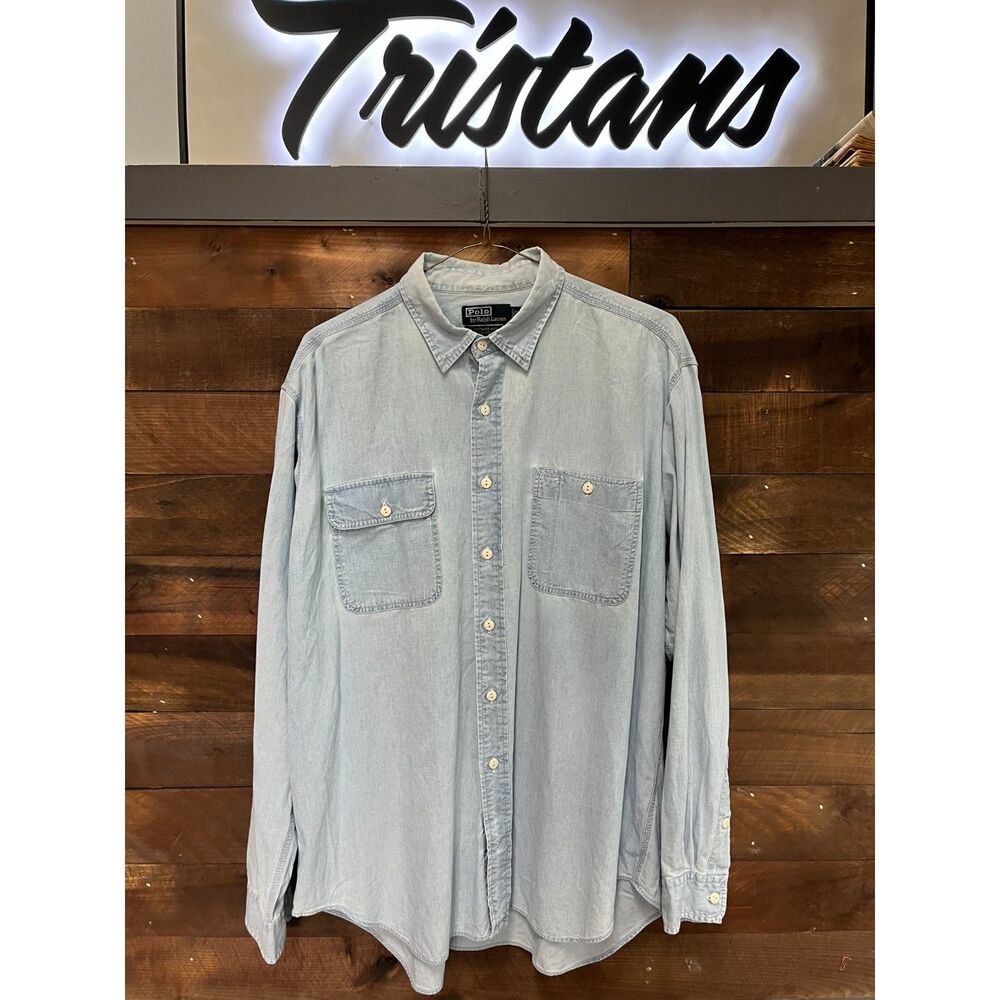 Vintage 90s Men Polo Ralph Lauren Button Up Denim Work Shirt Size XL Blue